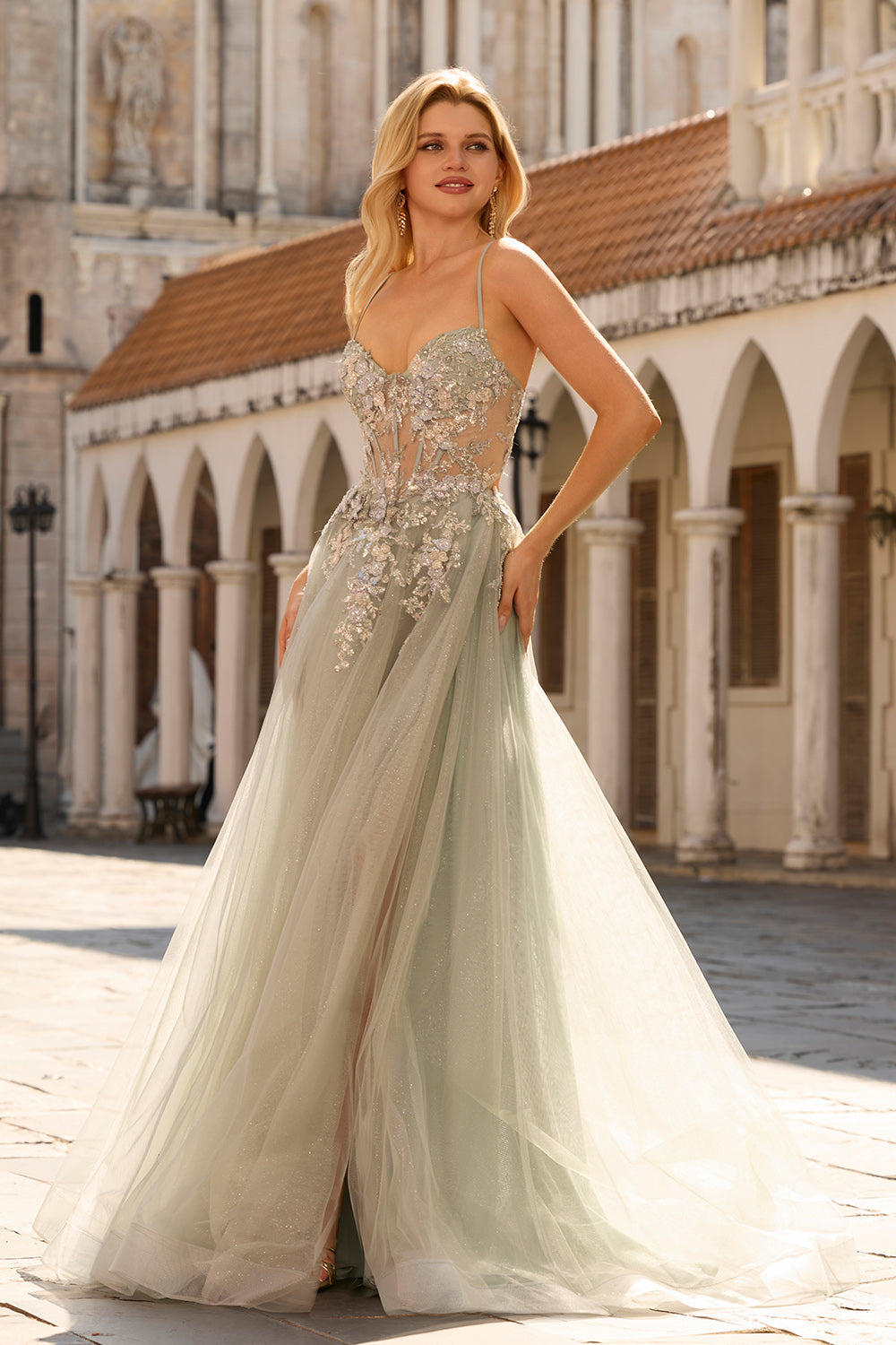 Floral Peach A Line Tulle Long Corset Prom Dress with Beading