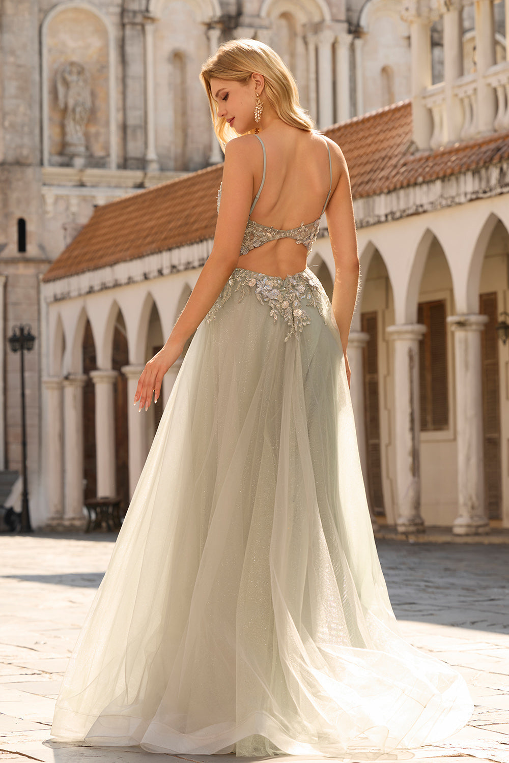 Floral Peach A Line Tulle Long Corset Prom Dress with Beading