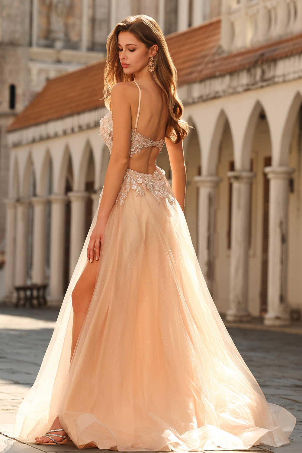 Floral Peach A Line Tulle Long Corset Prom Dress with Beading