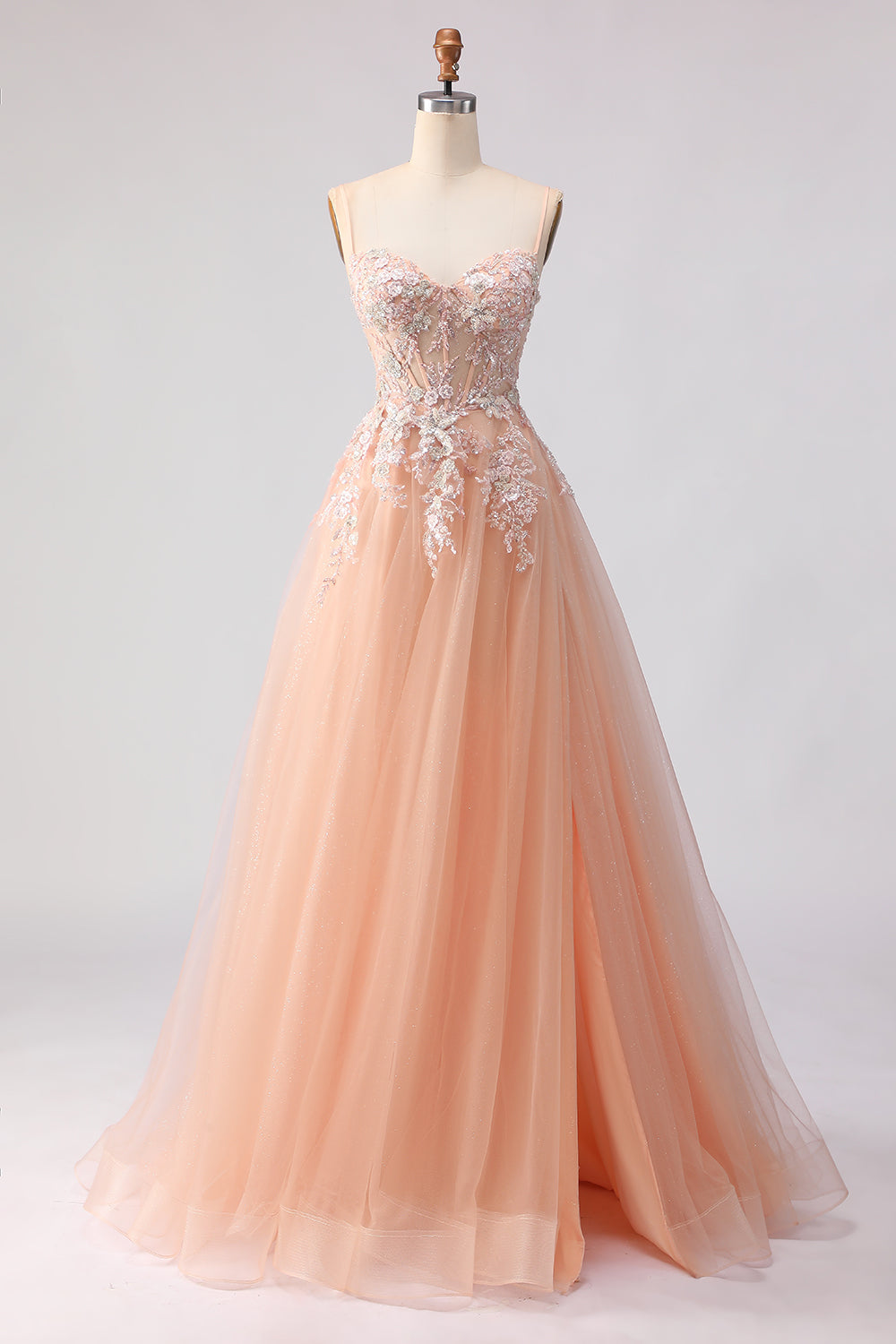 Floral Sage Green Tulle Lace Beaded Long Corset Prom Dress with Slit