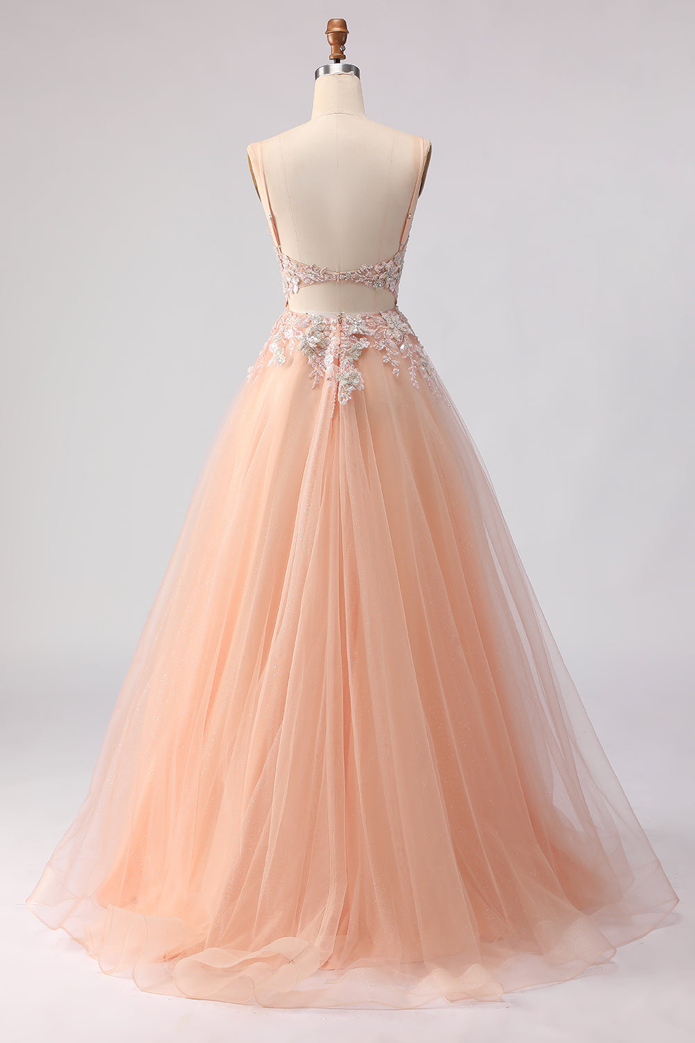 Floral Peach A Line Tulle Long Corset Prom Dress with Beading
