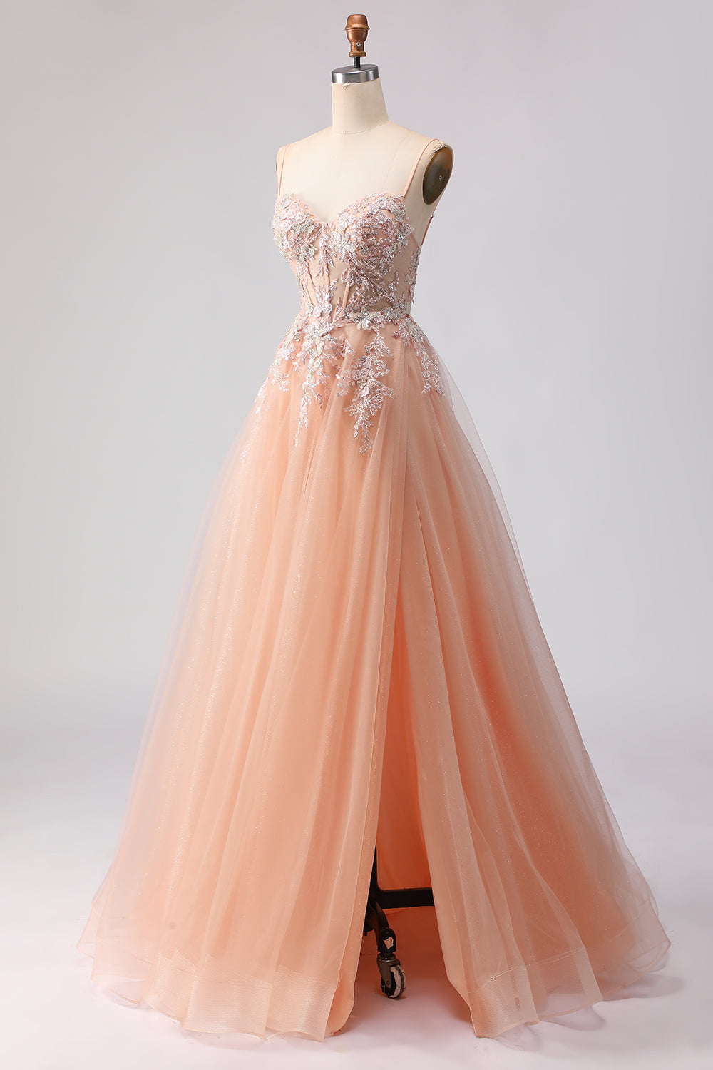 Floral Peach A Line Tulle Long Corset Prom Dress with Beading