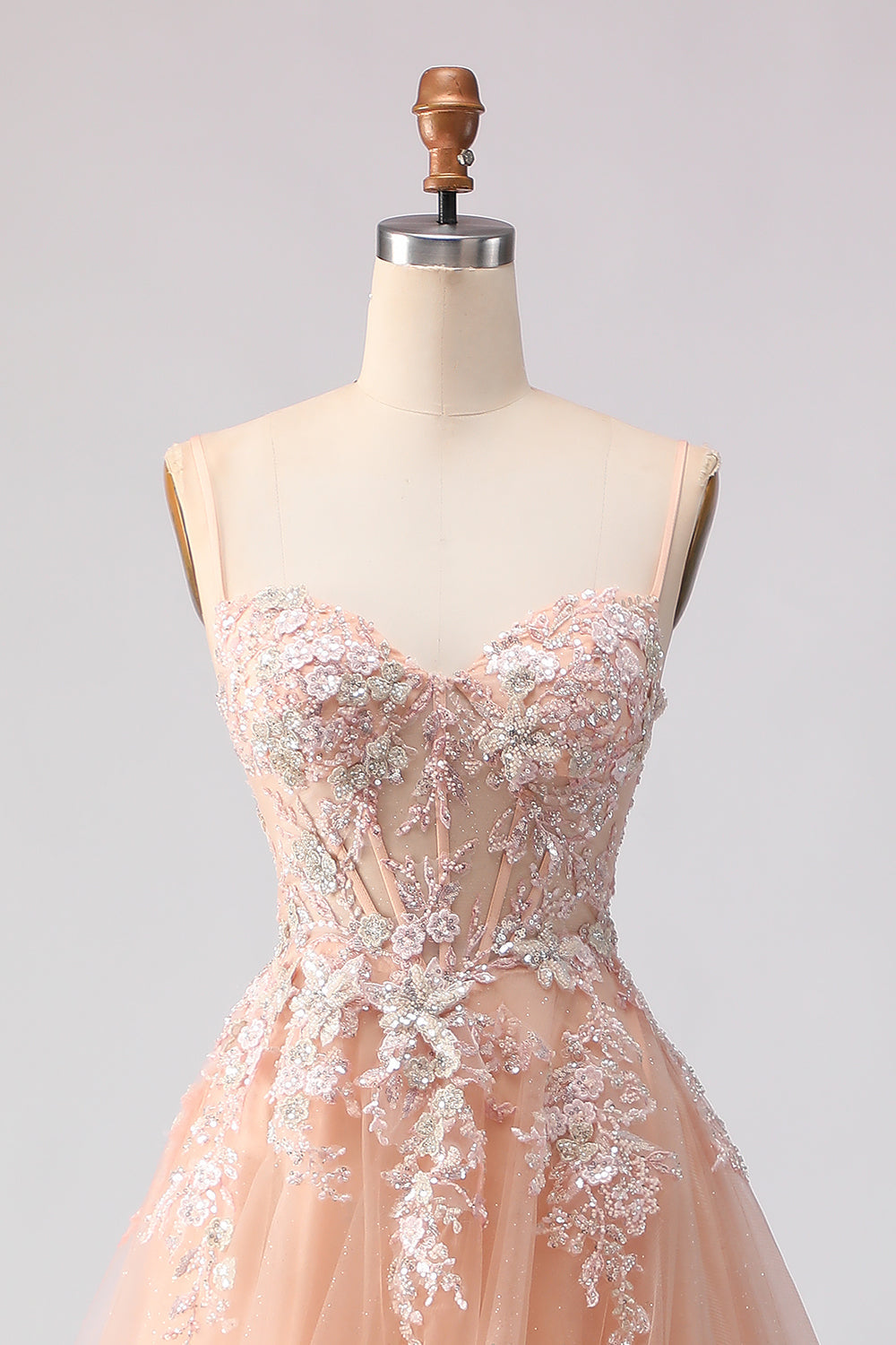 Floral Peach A Line Tulle Long Corset Prom Dress with Beading