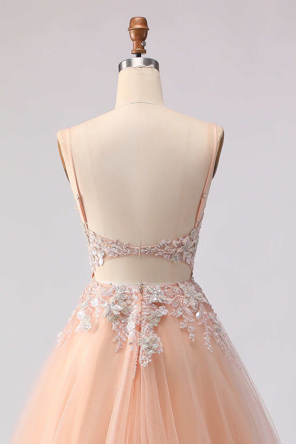 Floral Peach A Line Tulle Long Corset Prom Dress with Beading