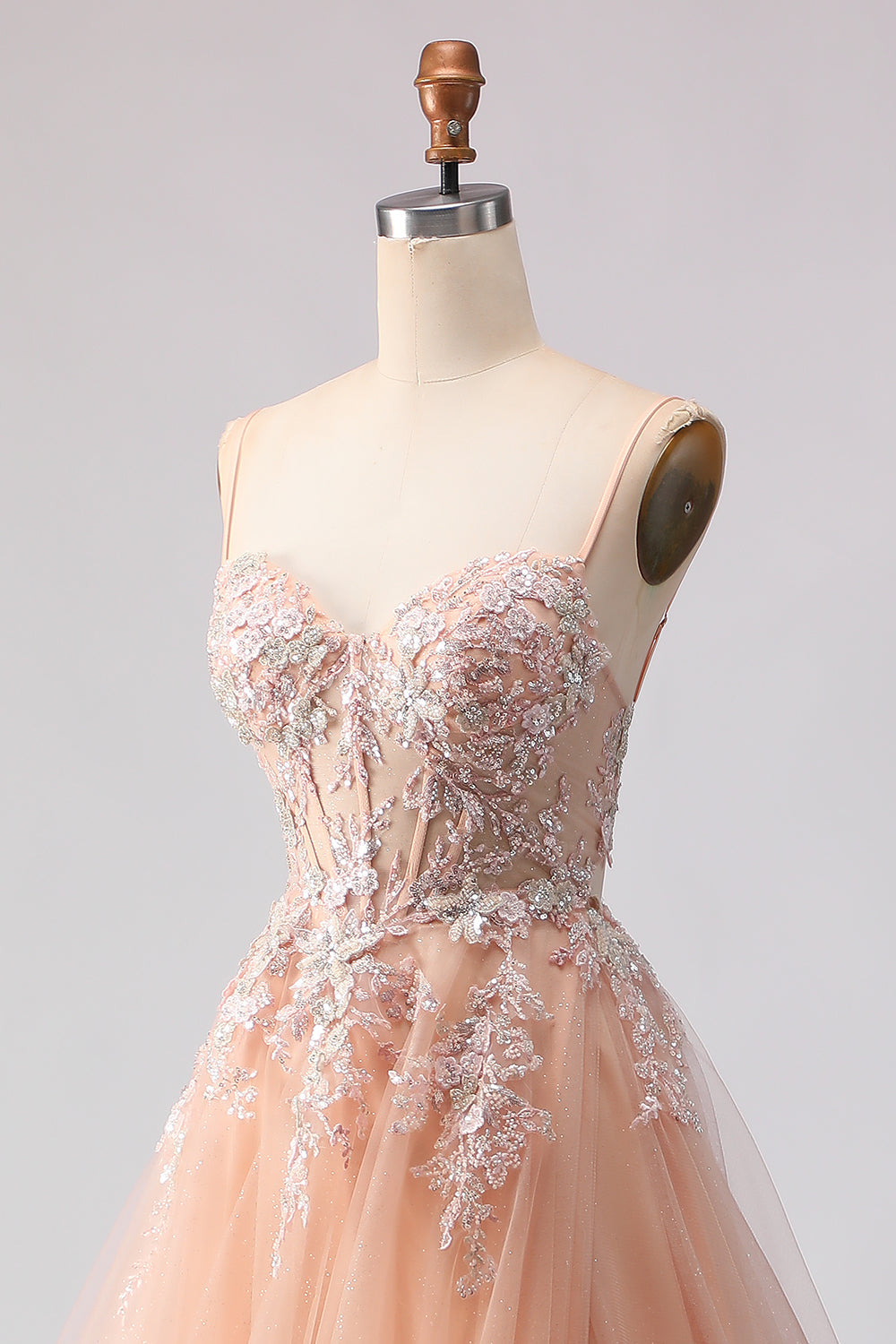 Floral Peach A Line Tulle Long Corset Prom Dress with Beading