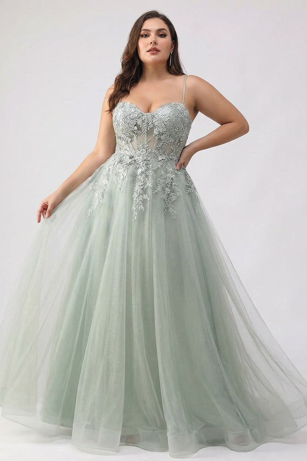 Floral Sage Green Tulle Lace Beaded Long Corset Prom Dress with Slit