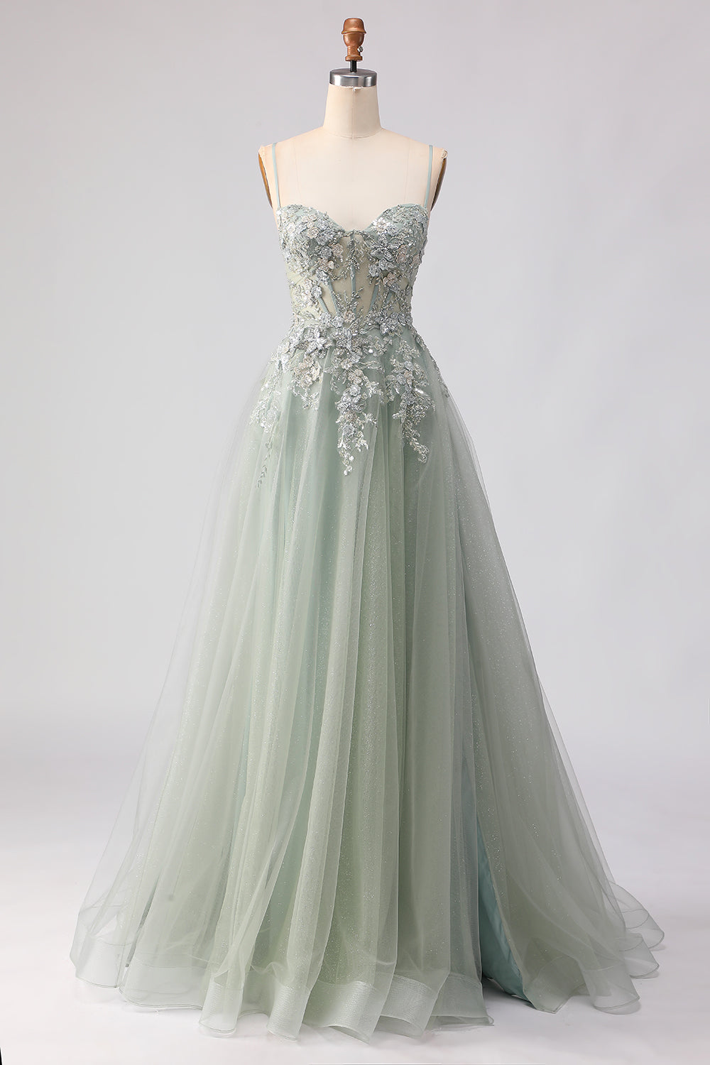 Floral Peach A Line Tulle Long Corset Prom Dress with Beading