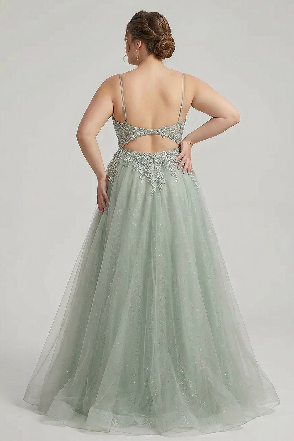 Floral Sage Green Tulle Lace Beaded Long Corset Prom Dress with Slit