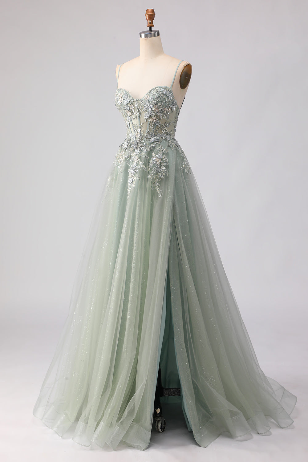 Floral Peach A Line Tulle Long Corset Prom Dress with Beading