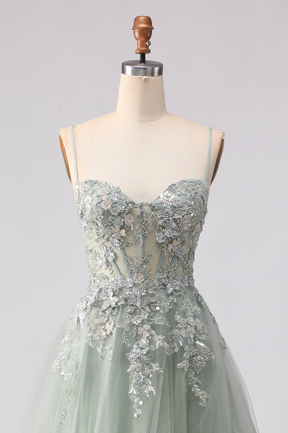 Floral Peach A Line Tulle Long Corset Prom Dress with Beading