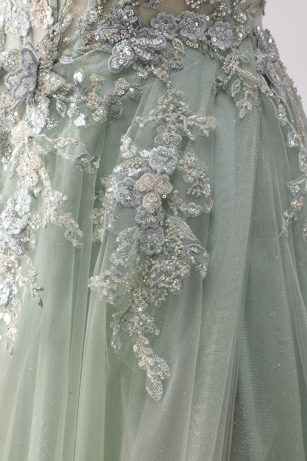 Floral Sage Green Tulle Lace Beaded Long Corset Prom Dress with Slit