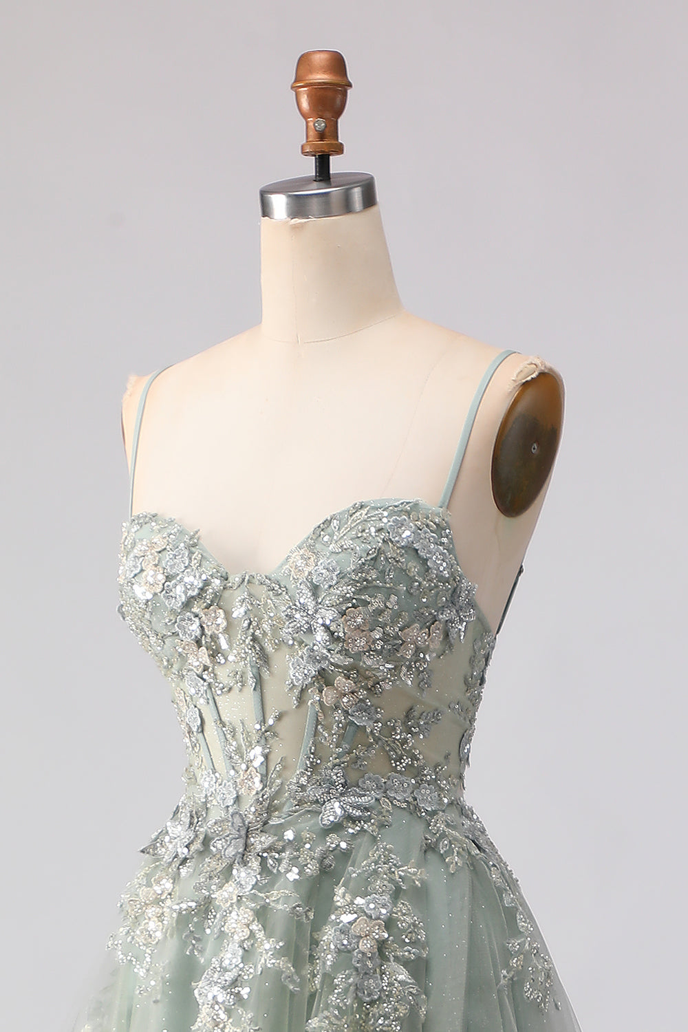 Floral Peach A Line Tulle Long Corset Prom Dress with Beading