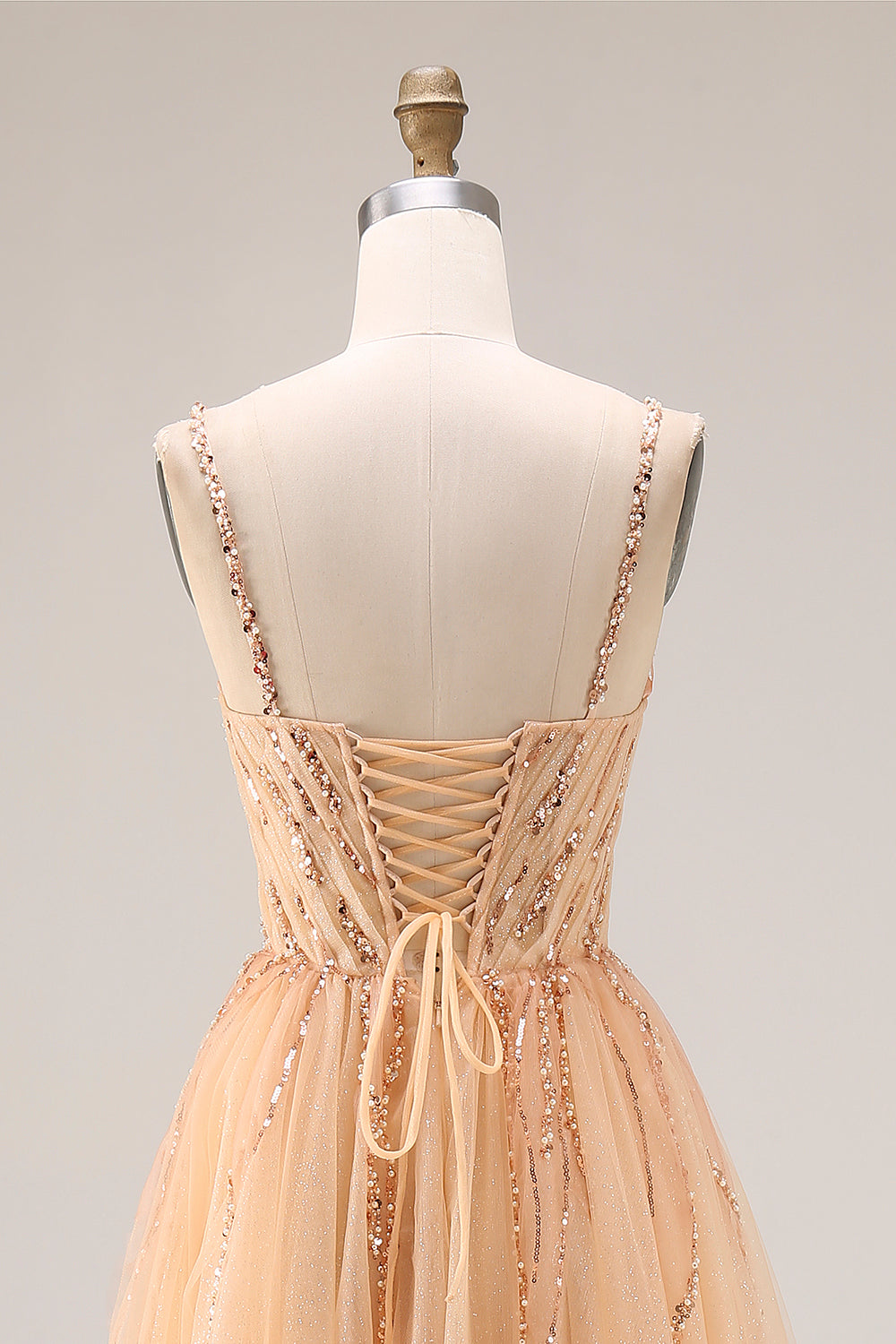 Peach A Line Tulle Beaded Long Prom Dress