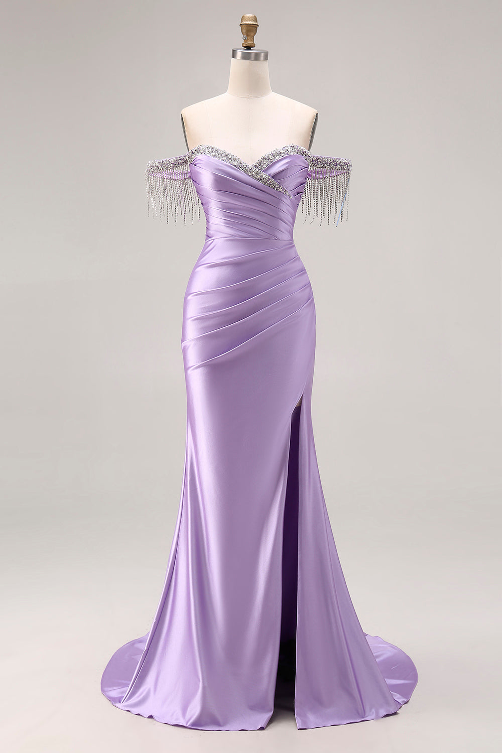 Sparkly Light Purple Off the Shoulder Mermaid Long Prom Dress with Fringes