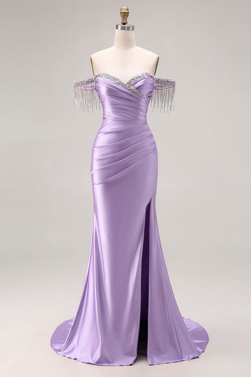 Sparkly Light Purple Off the Shoulder Mermaid Long Prom Dress with Fringes