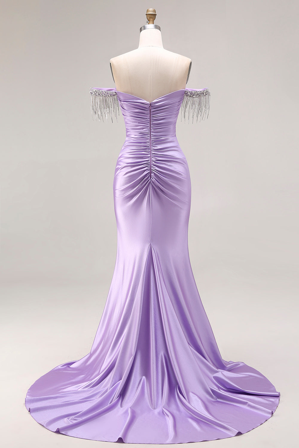 Sparkly Light Purple Off the Shoulder Mermaid Long Prom Dress with Fringes