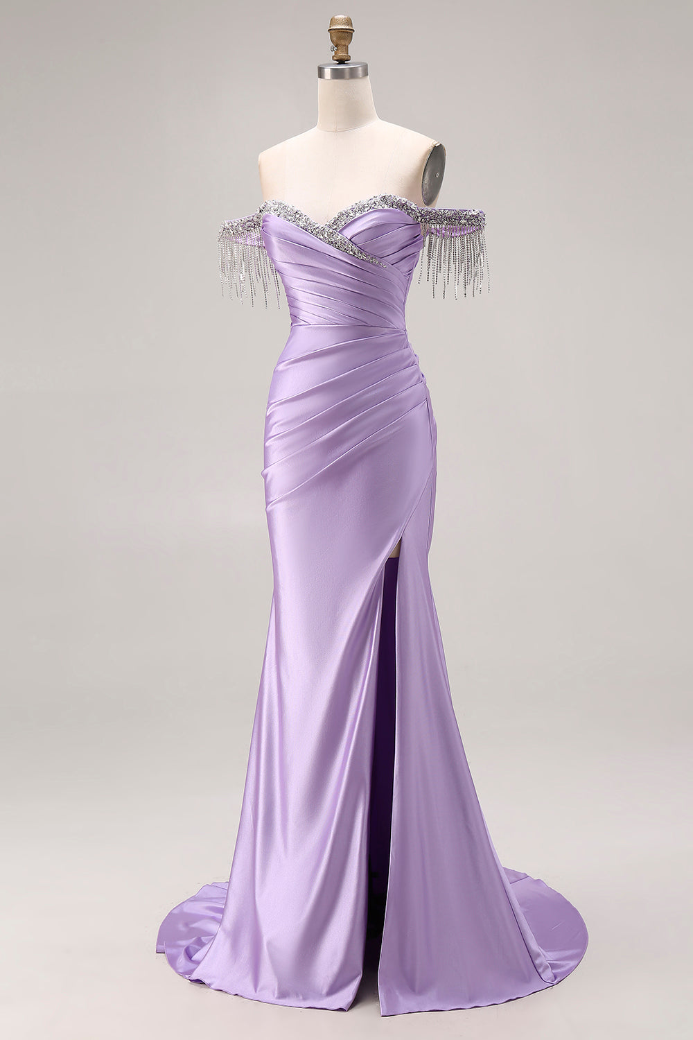 Sparkly Light Purple Off the Shoulder Mermaid Long Prom Dress with Fringes