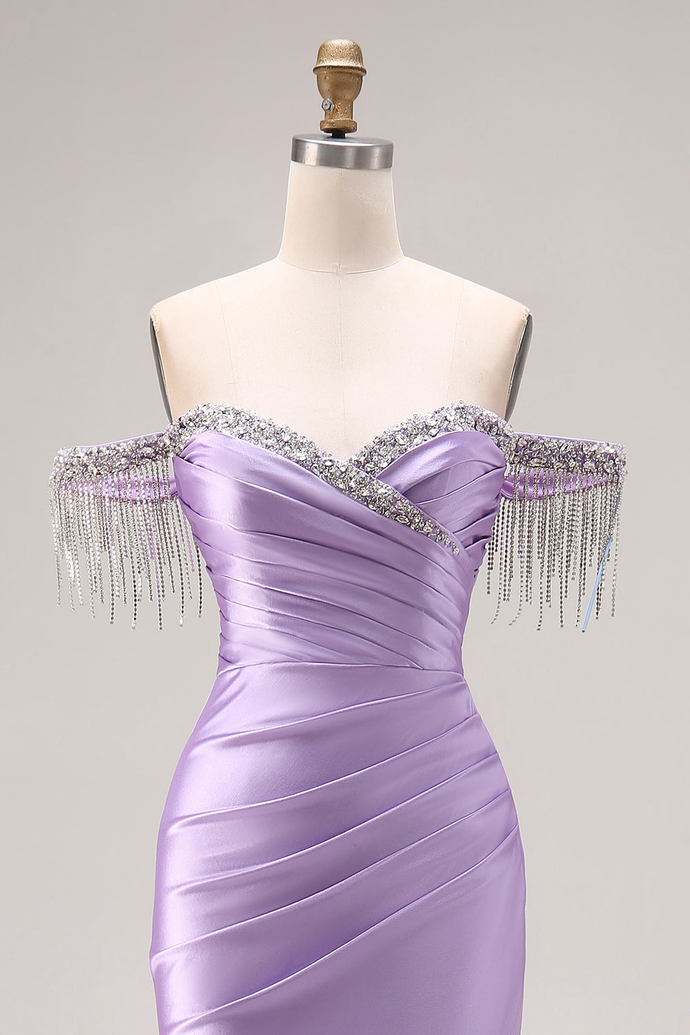 Sparkly Light Purple Off the Shoulder Mermaid Long Prom Dress with Fringes