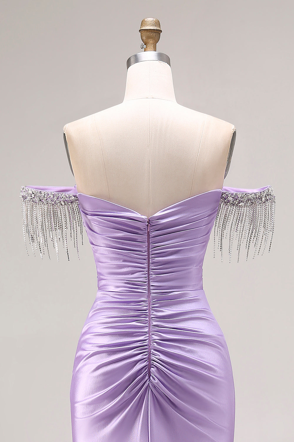 Sparkly Light Purple Off the Shoulder Mermaid Long Prom Dress with Fringes