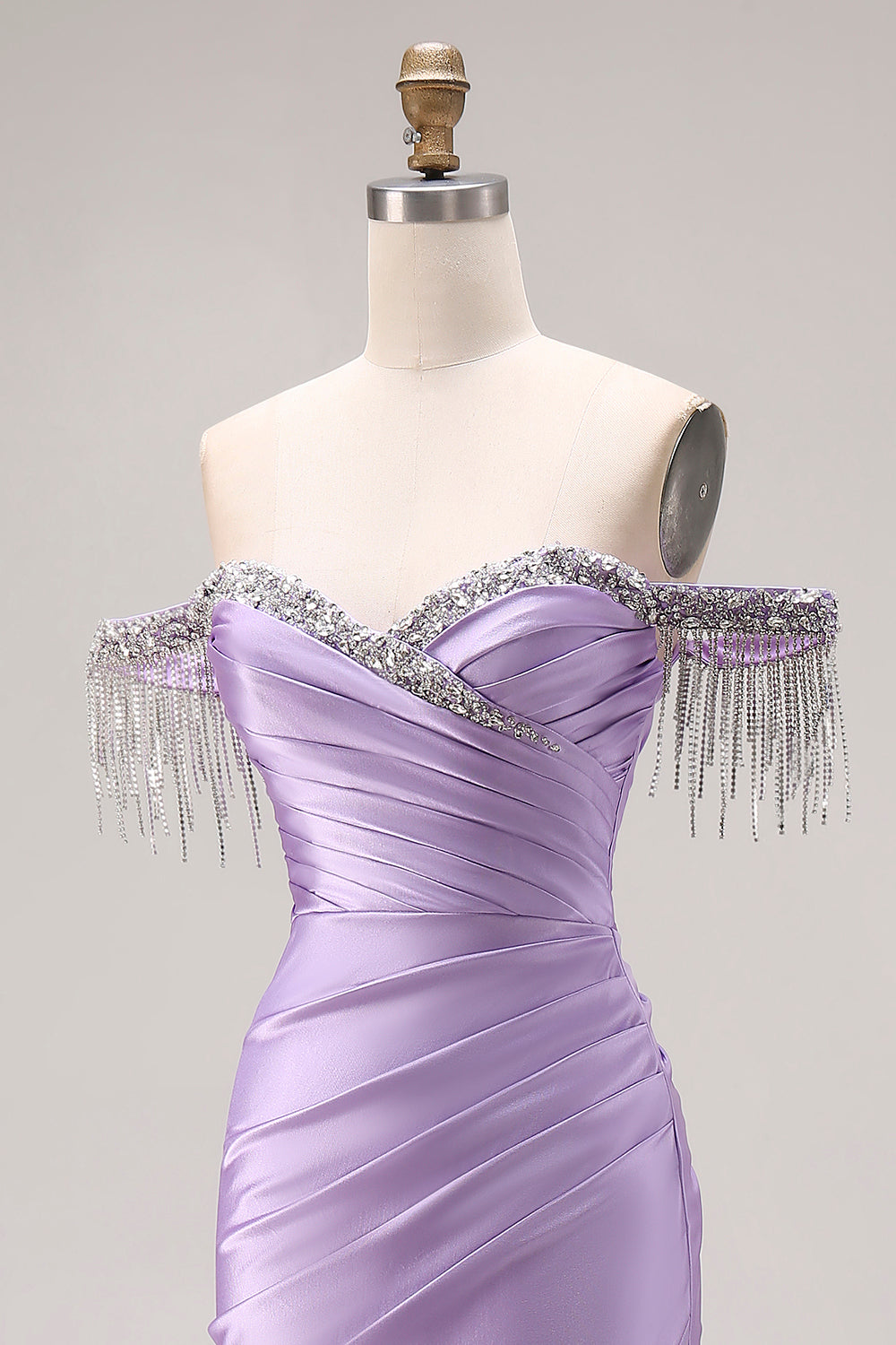 Sparkly Light Purple Off the Shoulder Mermaid Long Prom Dress with Fringes