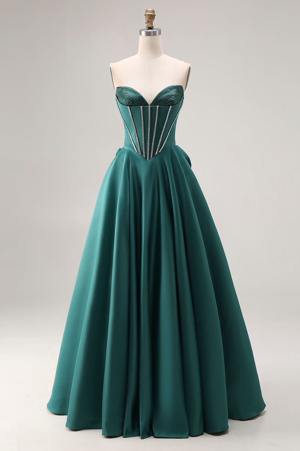 Sparkly Dark Green Sweetheart A Line Long Corset Prom Dress with Bow