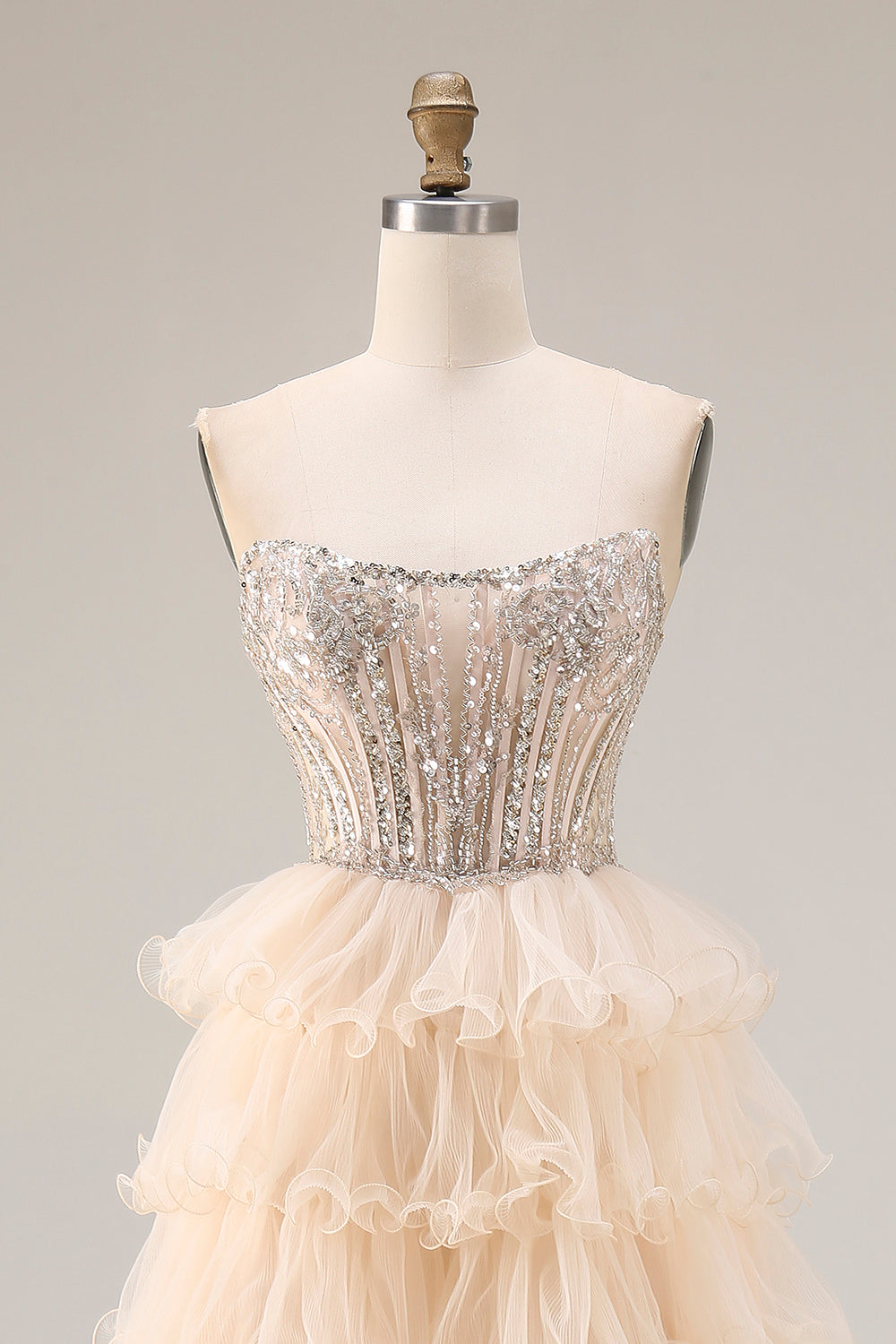 Sparkly Apricot A Line Tiered Beaded Long Corset Prom Dress with Slit