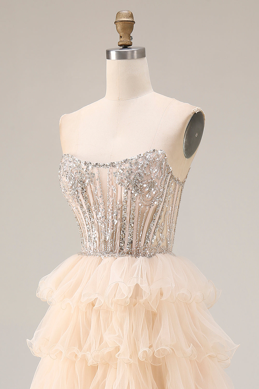 Sparkly Apricot A Line Tiered Beaded Long Corset Prom Dress with Slit