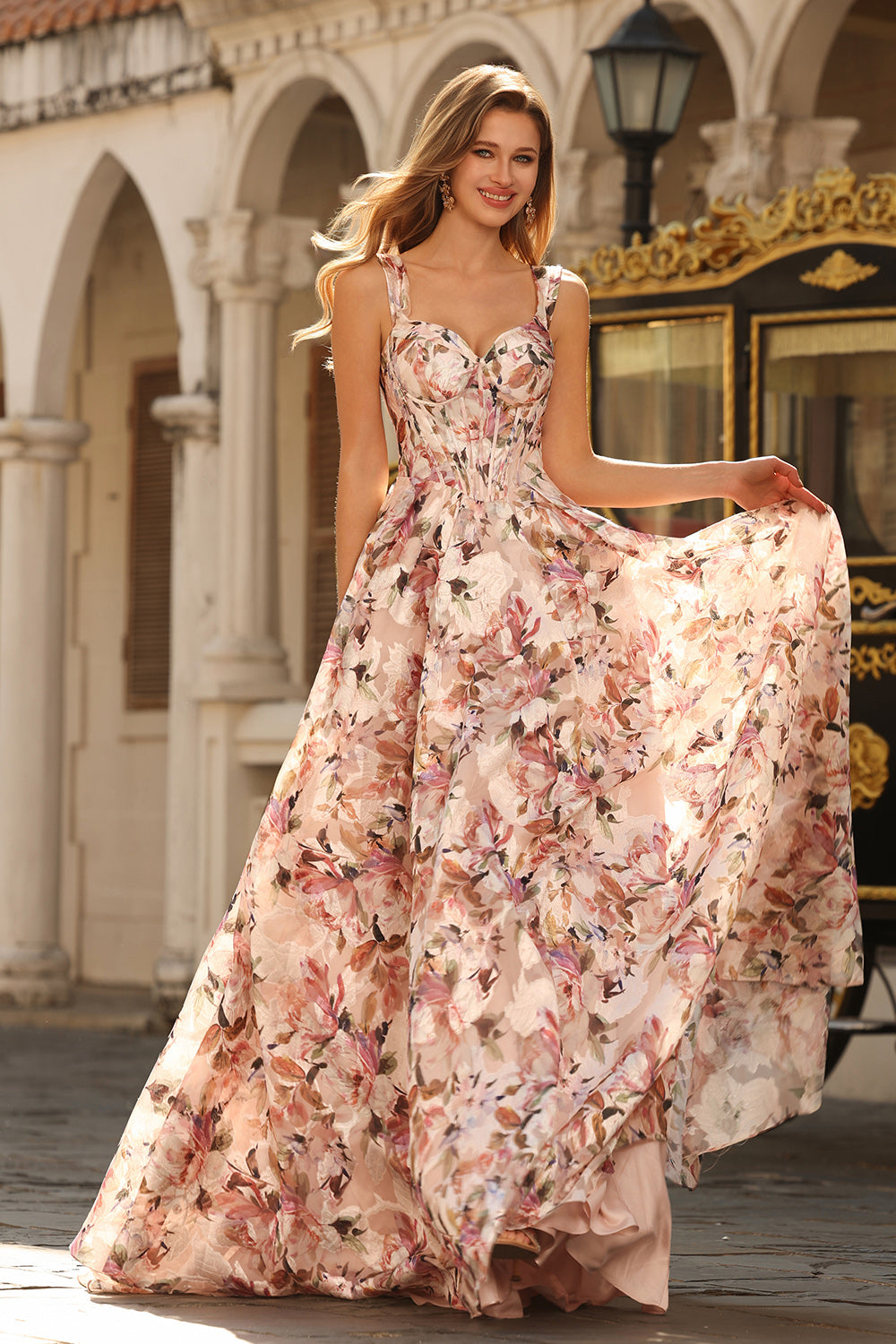 Floral Desert Rose A Line Off the Shoulder Long Corset Prom Dress