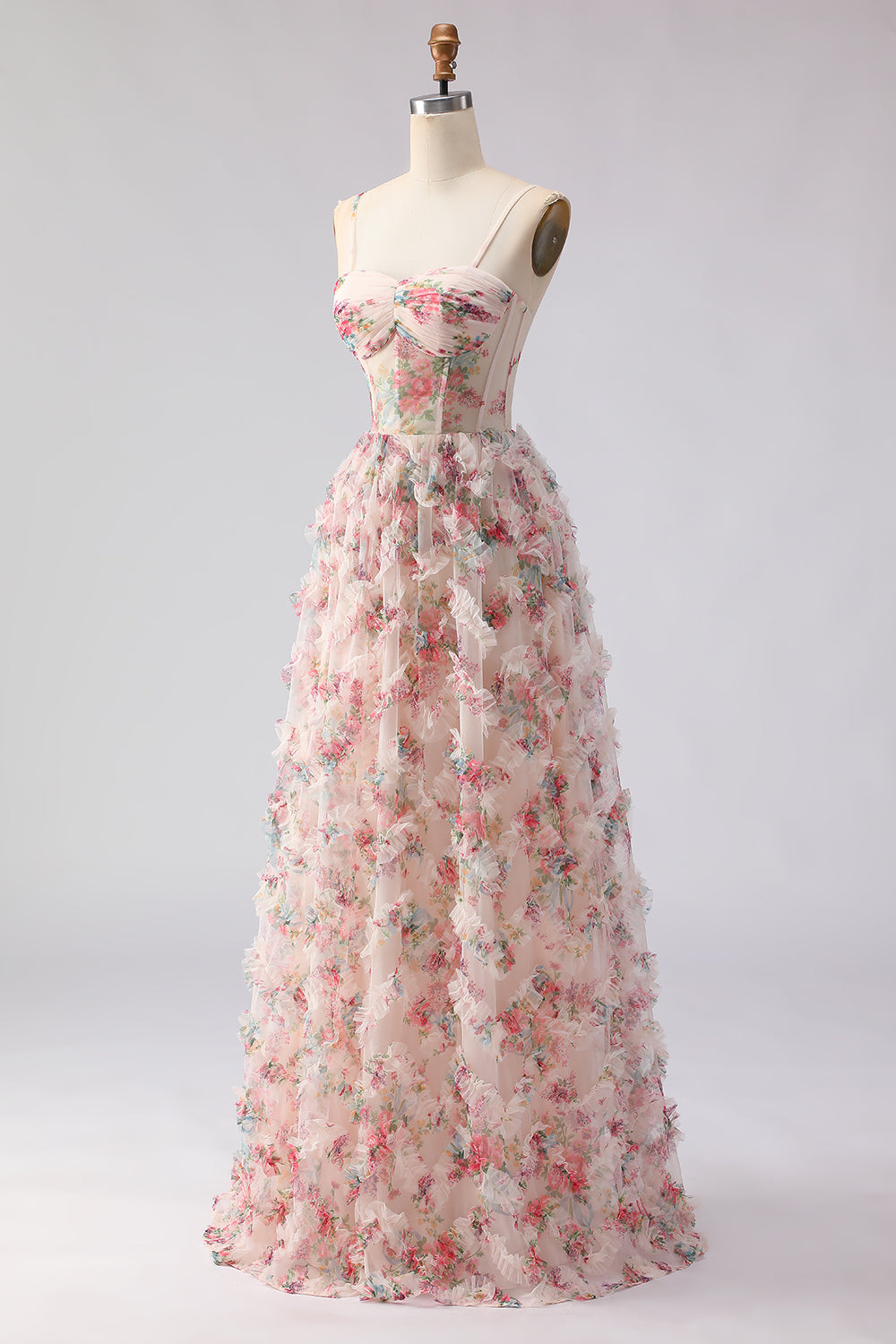 Light Pink A Line Spaghetti Straps Long Floral Prom Dress with Ruffles