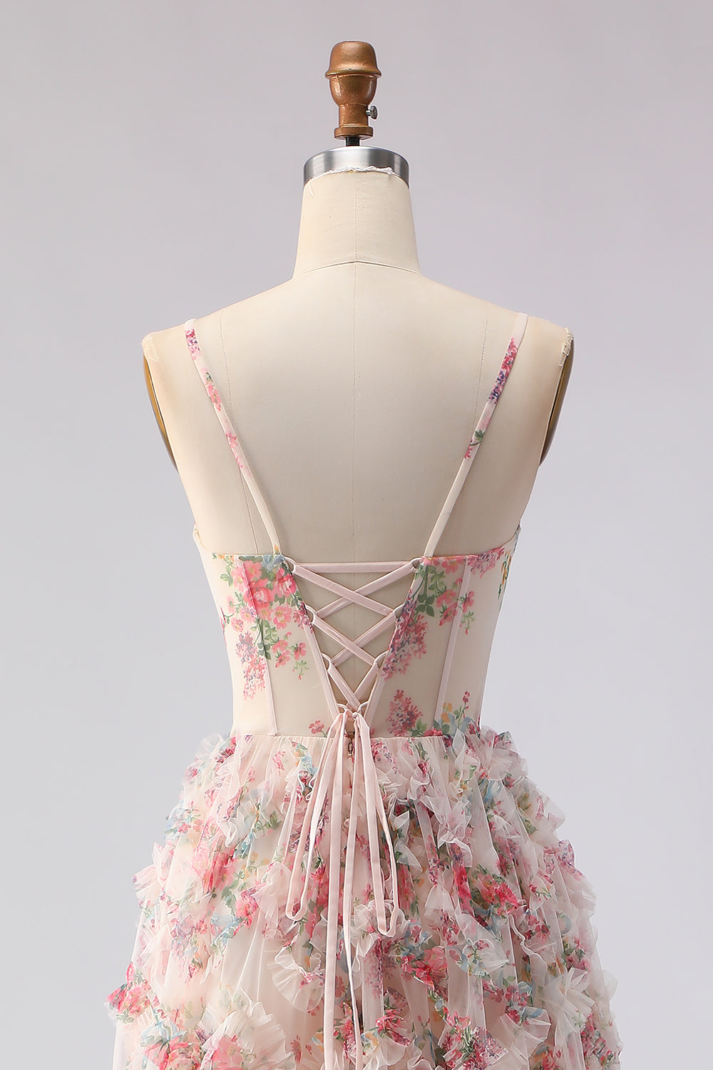 Light Pink A Line Spaghetti Straps Long Floral Prom Dress with Ruffles