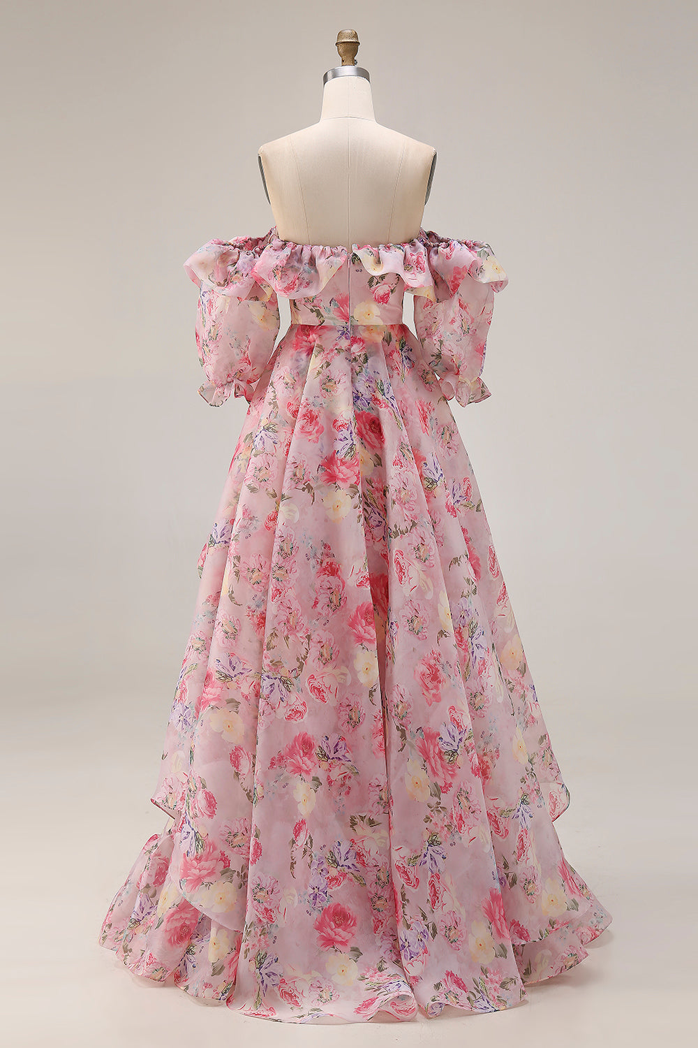 Floral Pink A Line Off the Shoulder Long Prom Dress with Ruffles