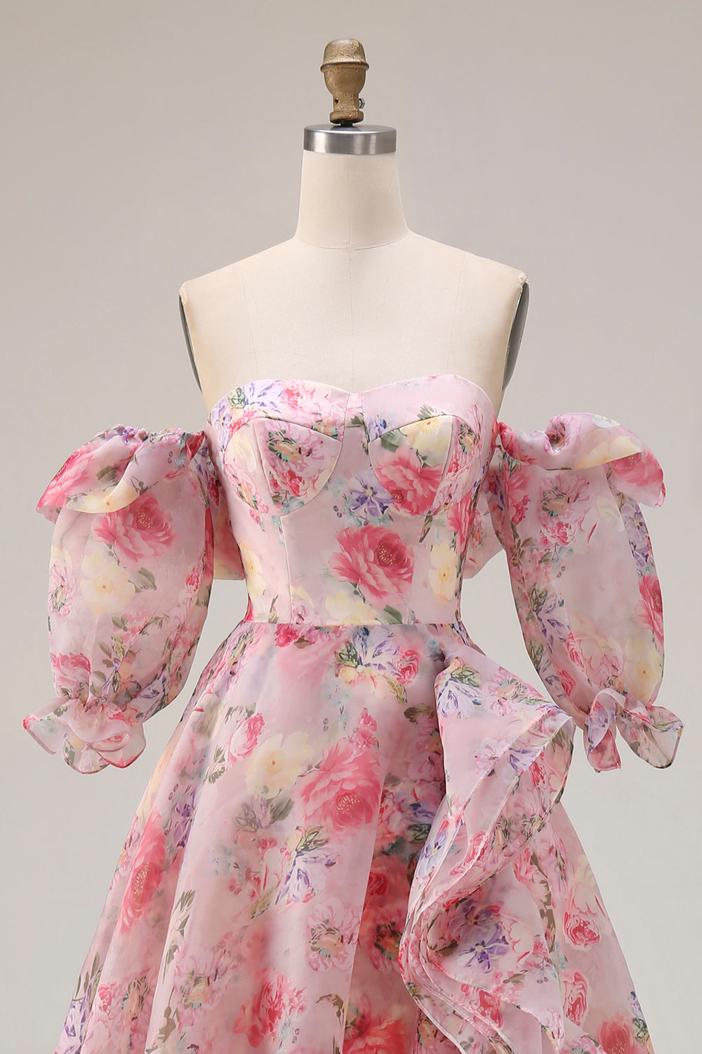 Floral Pink A Line Off the Shoulder Long Prom Dress with Ruffles
