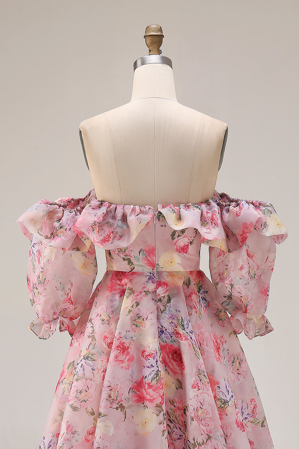 Floral Pink A Line Off the Shoulder Long Prom Dress with Ruffles