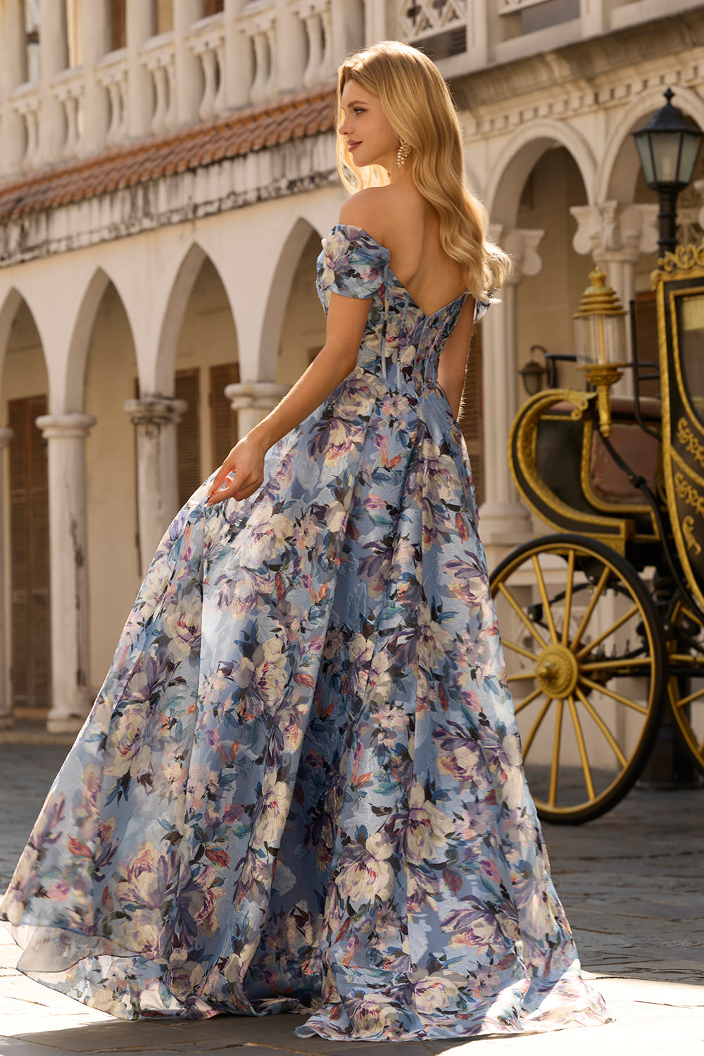 Floral Blue Off the Shoulder Long Corset Prom Dress with Slit