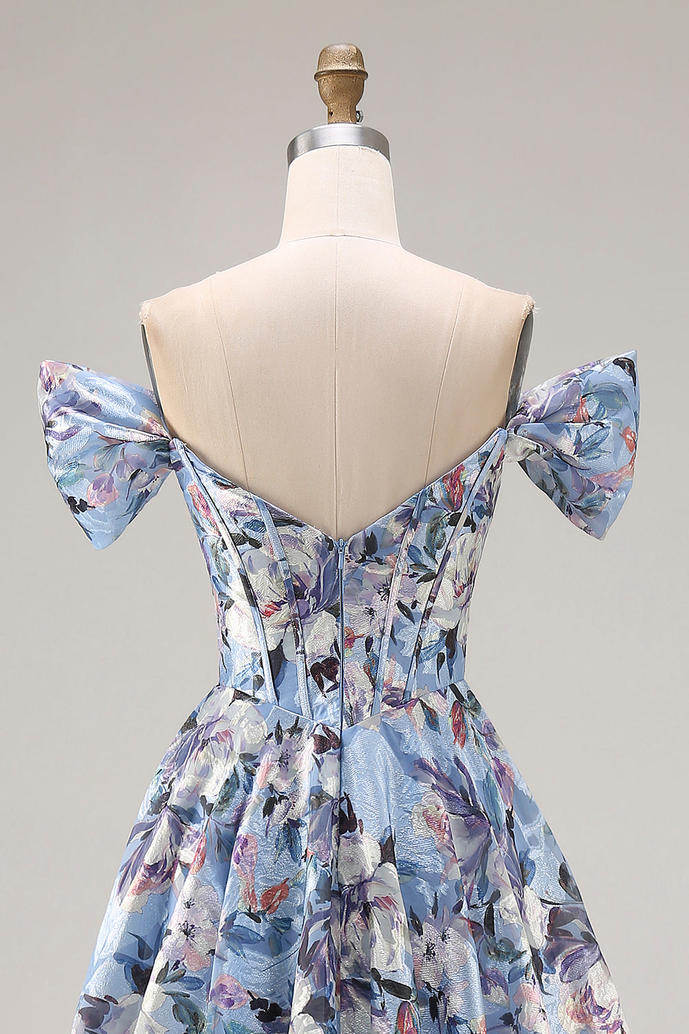 Floral Blue Off the Shoulder Long Corset Prom Dress with Slit