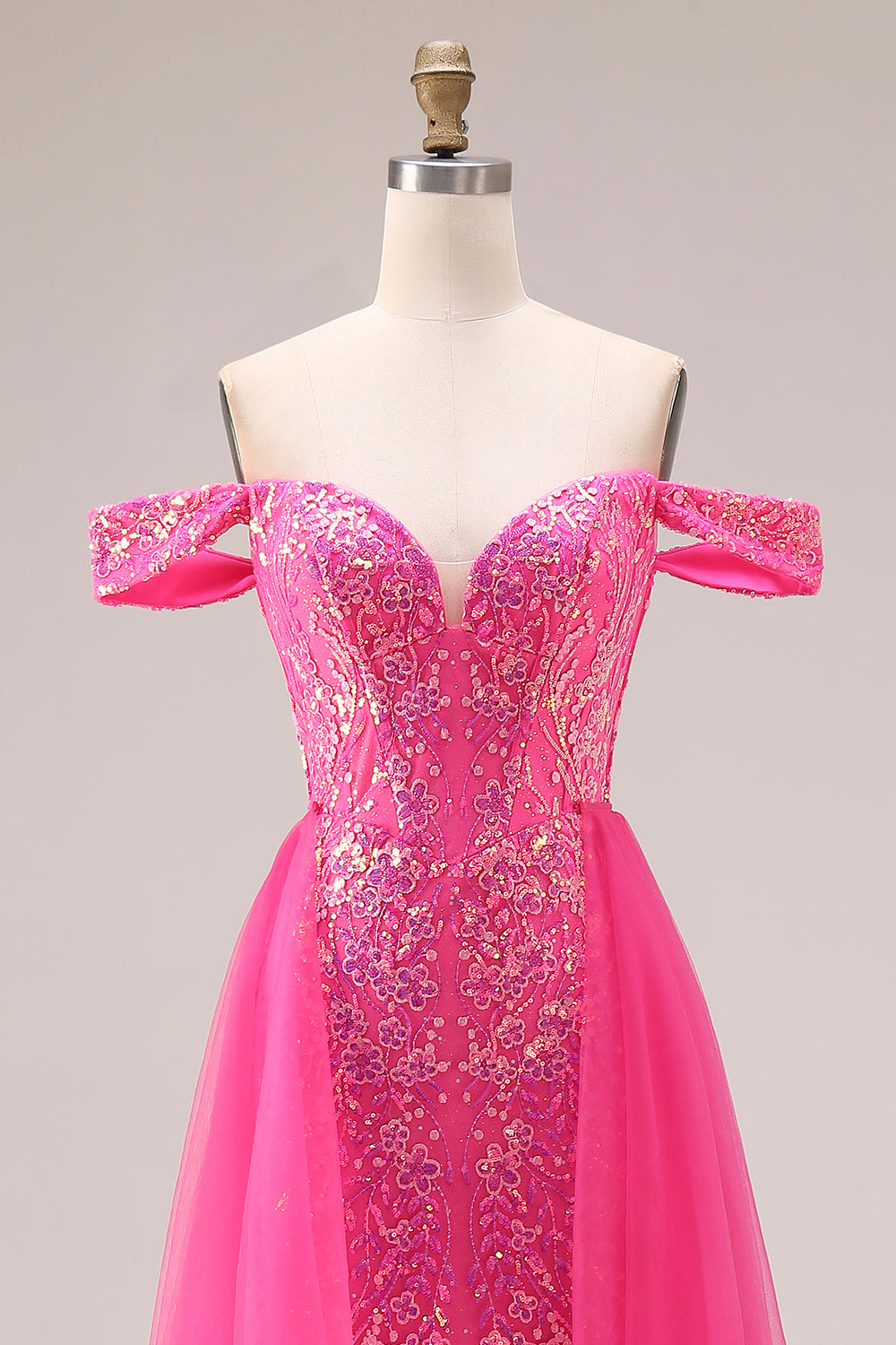 Sparkly Floral Fuchsia Mermaid Off the Shoulder Long Prom Dress with Cape