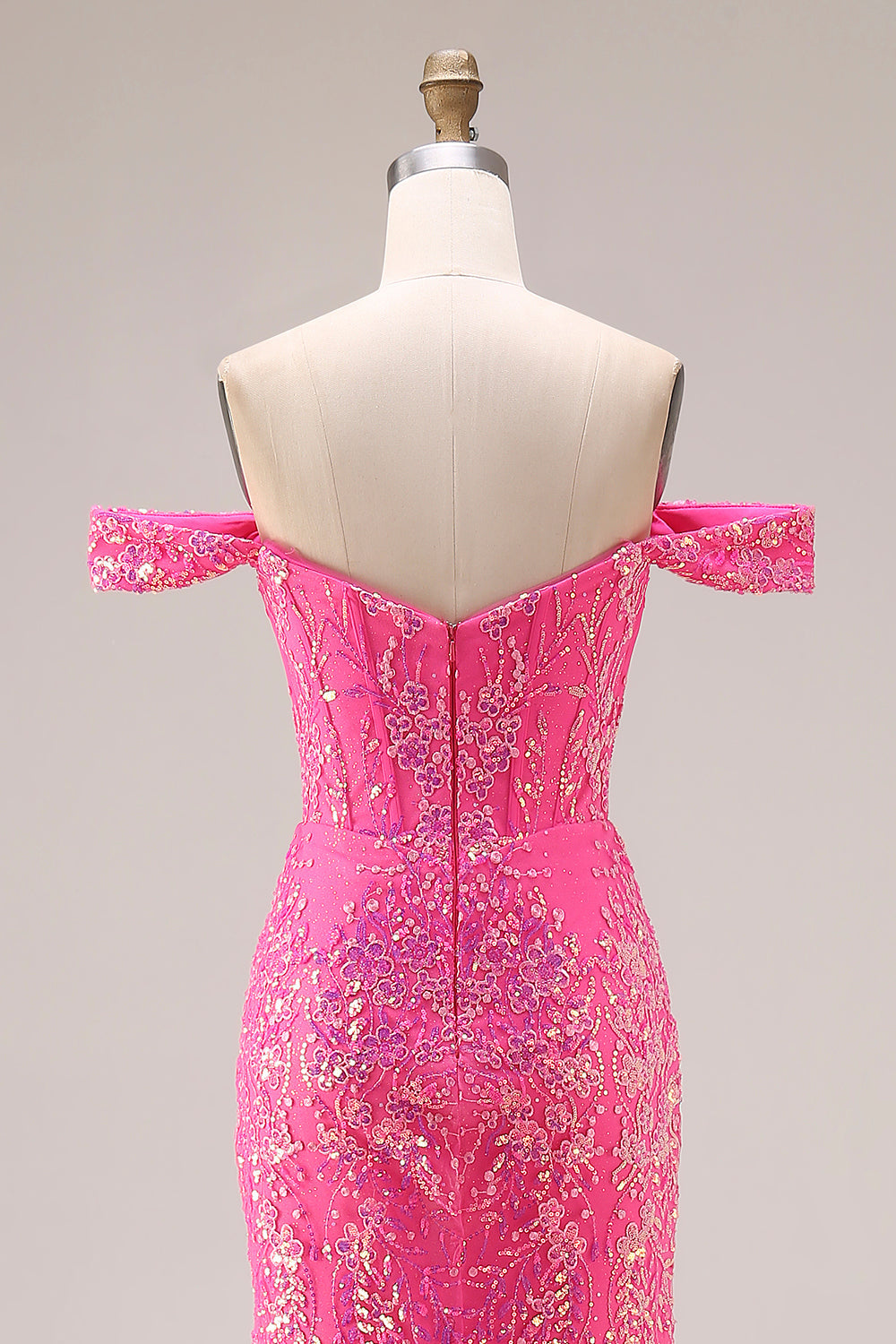 Sparkly Floral Fuchsia Mermaid Off the Shoulder Long Prom Dress with Cape