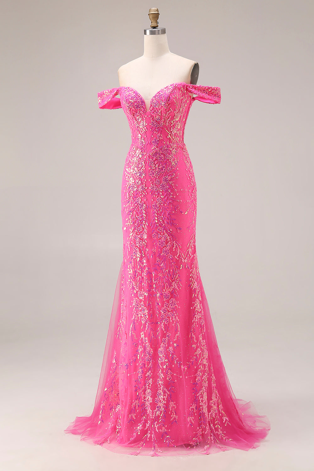 Sparkly Floral Fuchsia Mermaid Off the Shoulder Long Prom Dress with Cape