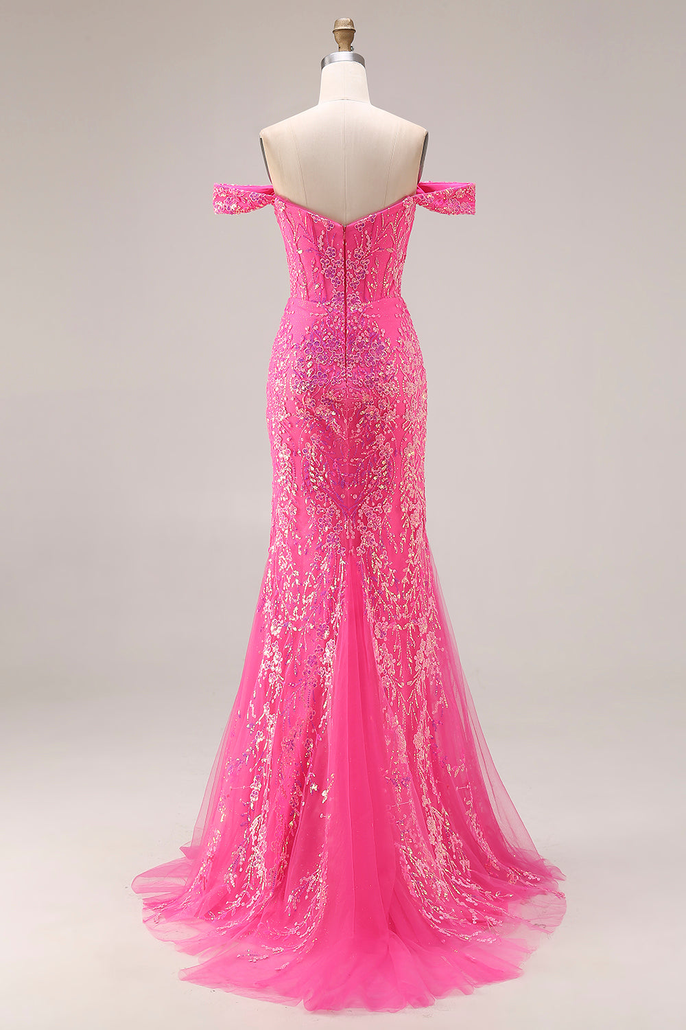 Sparkly Floral Fuchsia Mermaid Off the Shoulder Long Prom Dress with Cape