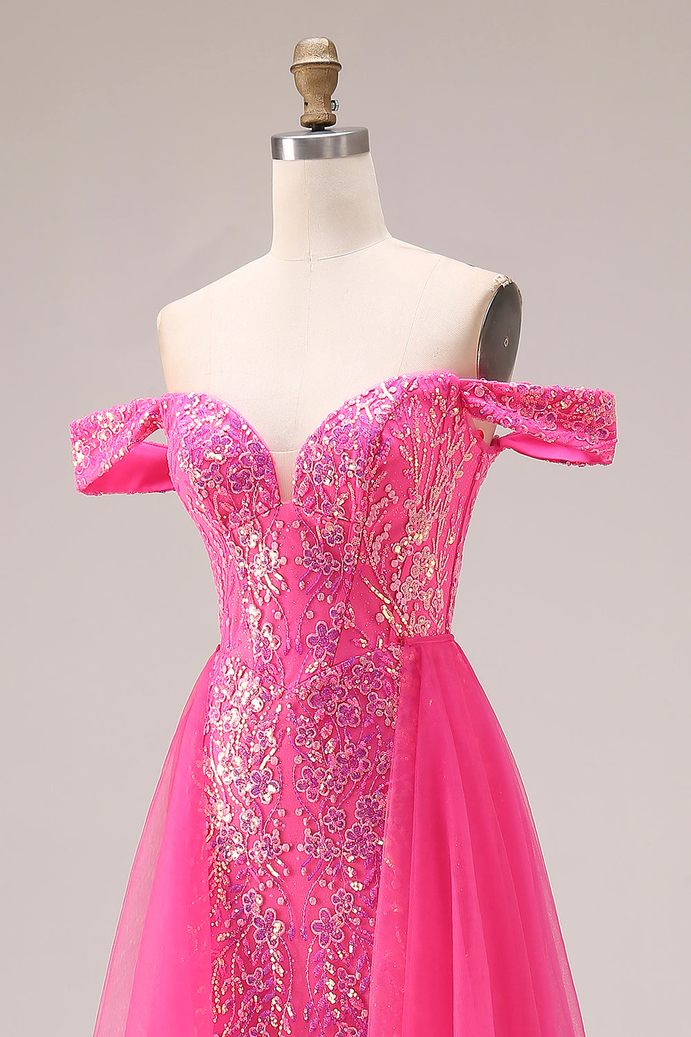 Sparkly Floral Fuchsia Mermaid Off the Shoulder Long Prom Dress with Cape