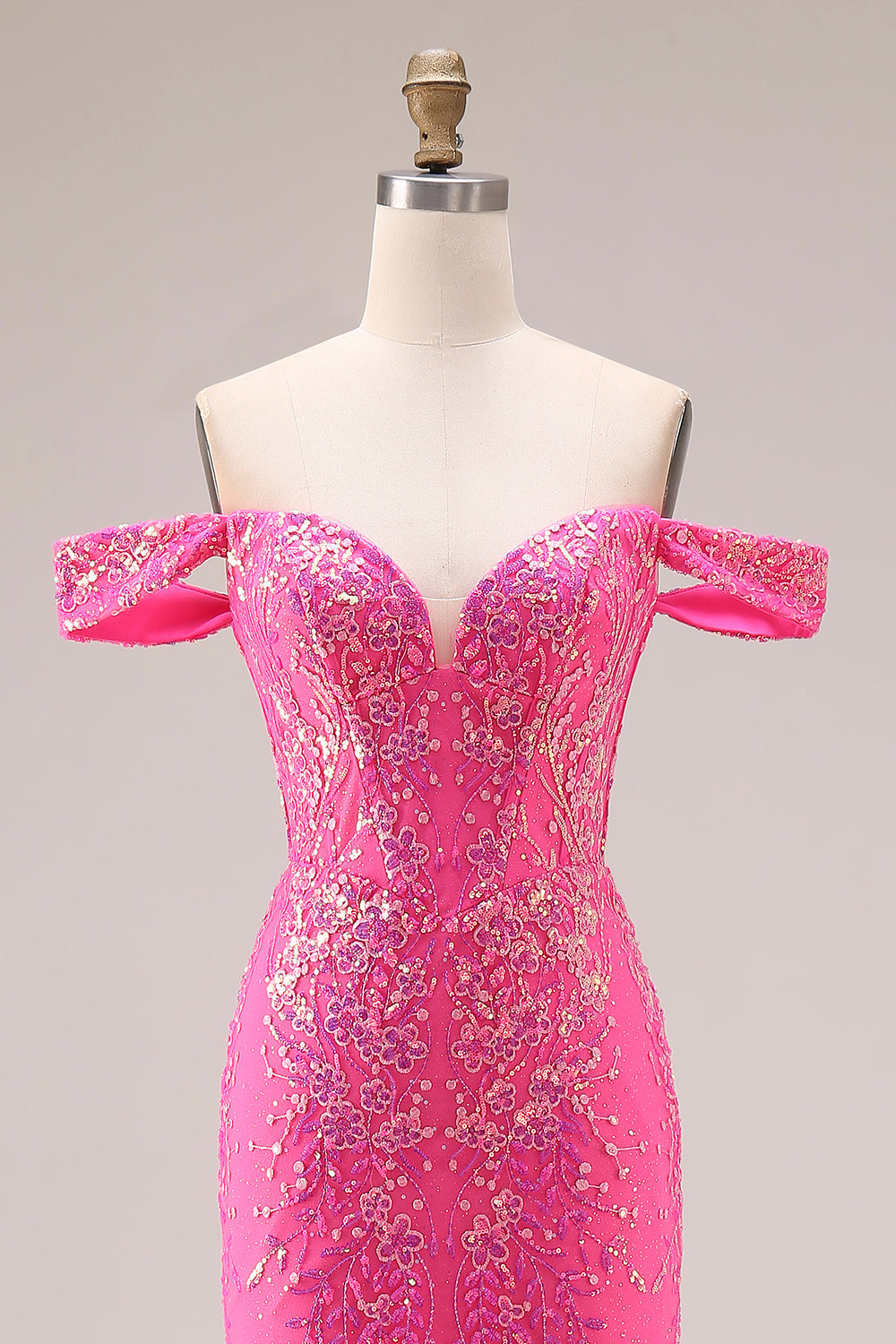 Sparkly Floral Fuchsia Mermaid Off the Shoulder Long Prom Dress with Cape