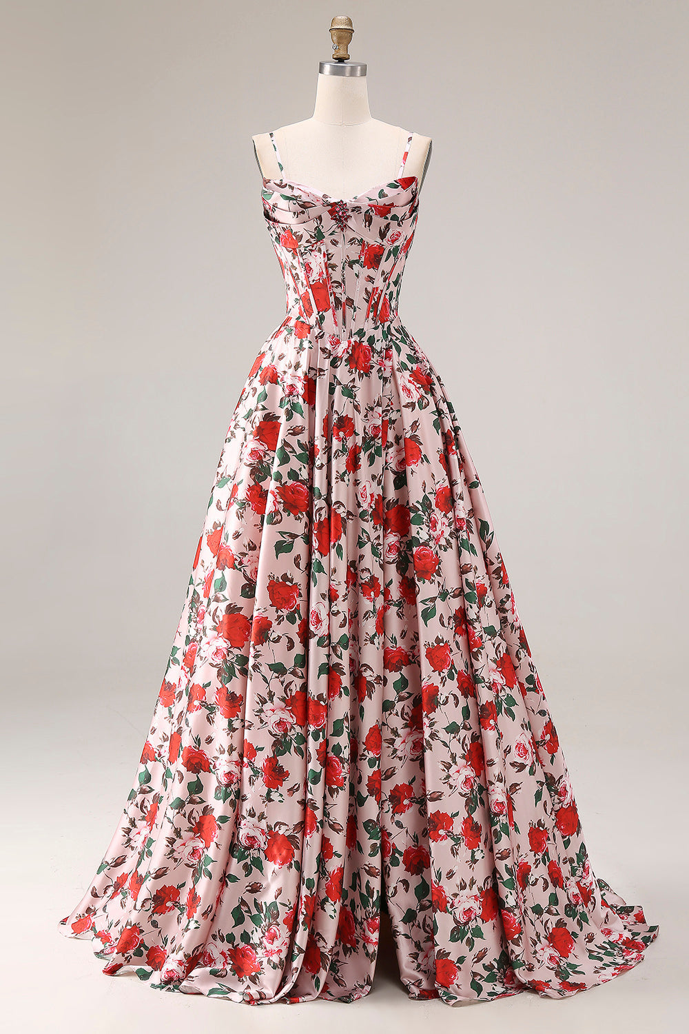 Red A Line Corset Spaghetti Straps Floral Long Prom Dress