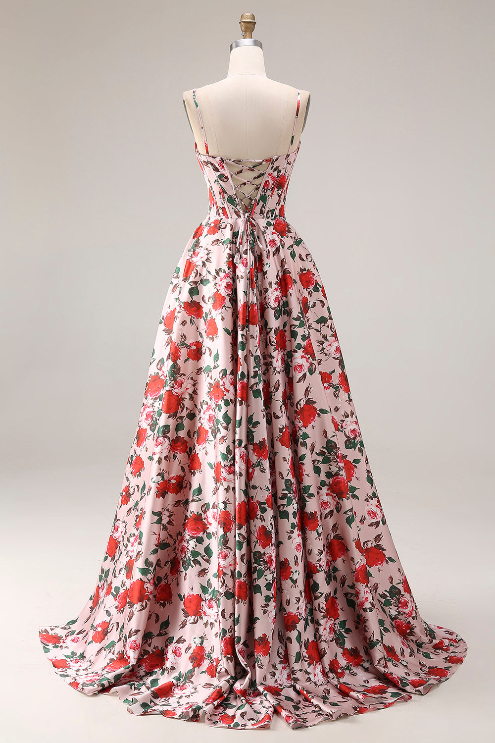 Red A Line Corset Spaghetti Straps Floral Long Prom Dress