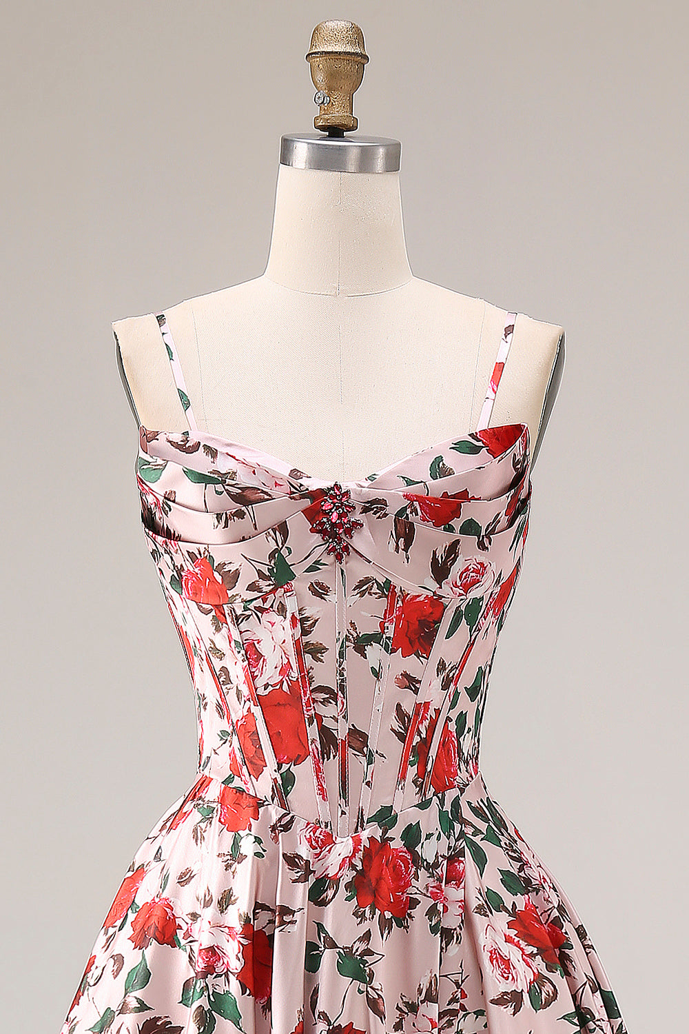 Red A Line Corset Spaghetti Straps Floral Long Prom Dress