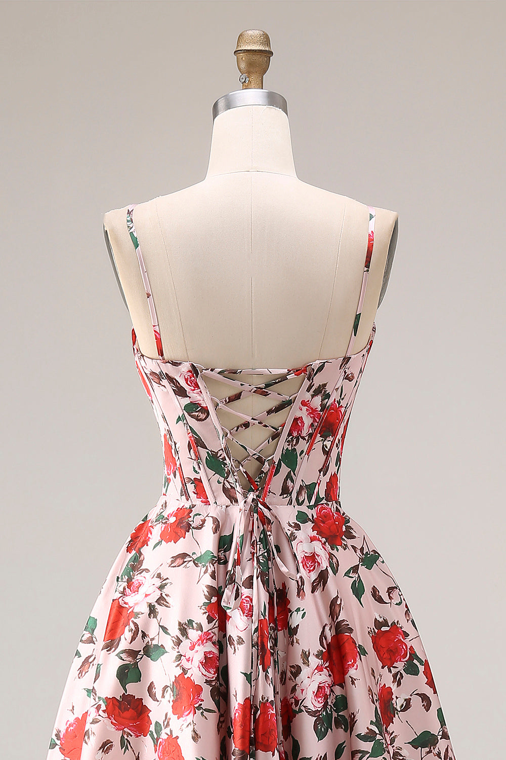 Red A Line Corset Spaghetti Straps Floral Long Prom Dress