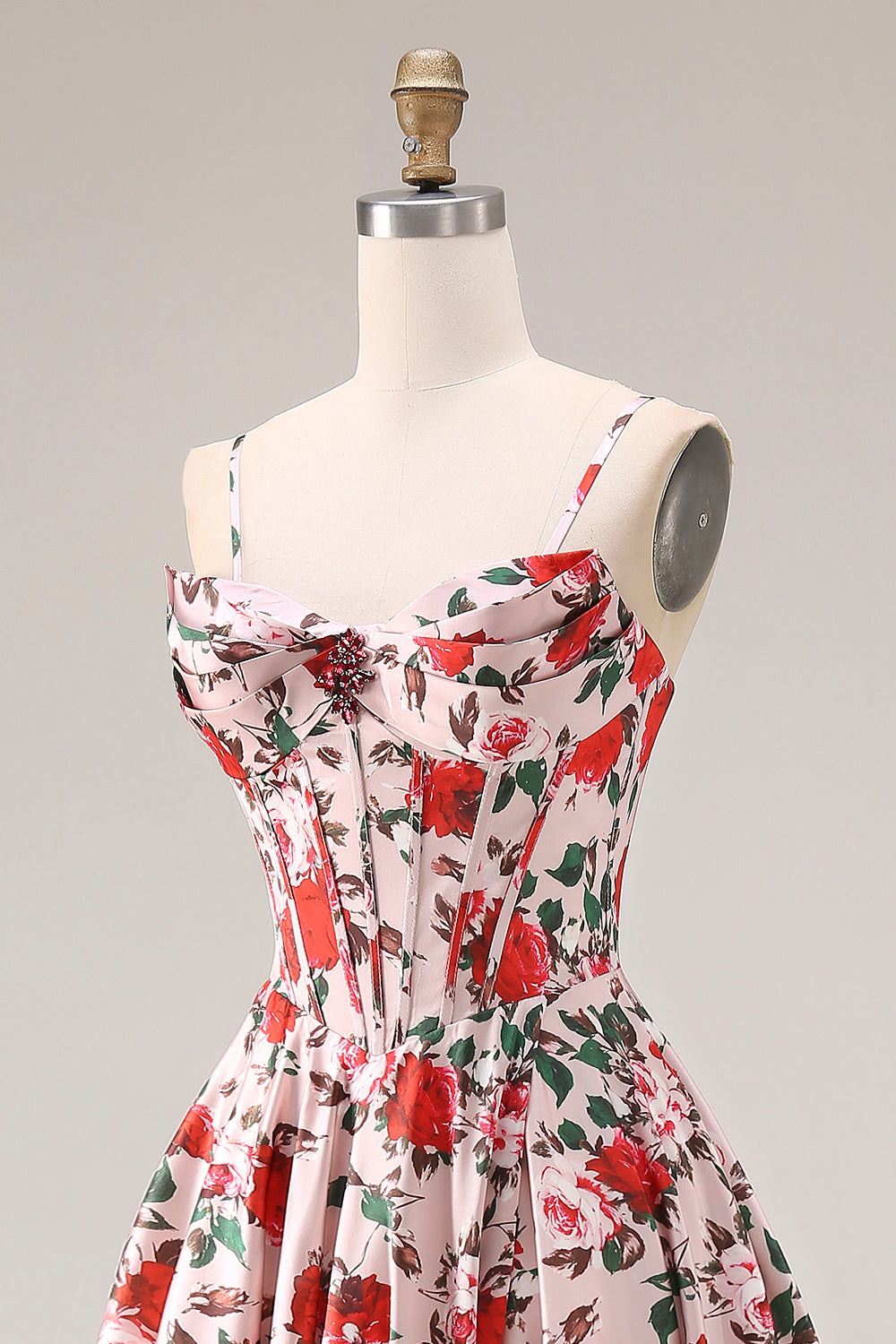 Red A Line Corset Spaghetti Straps Floral Long Prom Dress
