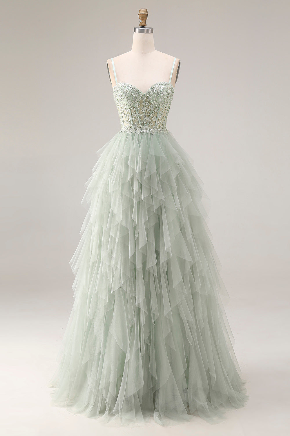 Dusty Green Corset Spaghetti Straps Tulle A Line Long Prom Dress with Appliques