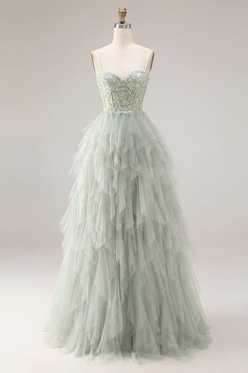 Dusty Green Corset Spaghetti Straps Tulle A Line Long Prom Dress with Appliques