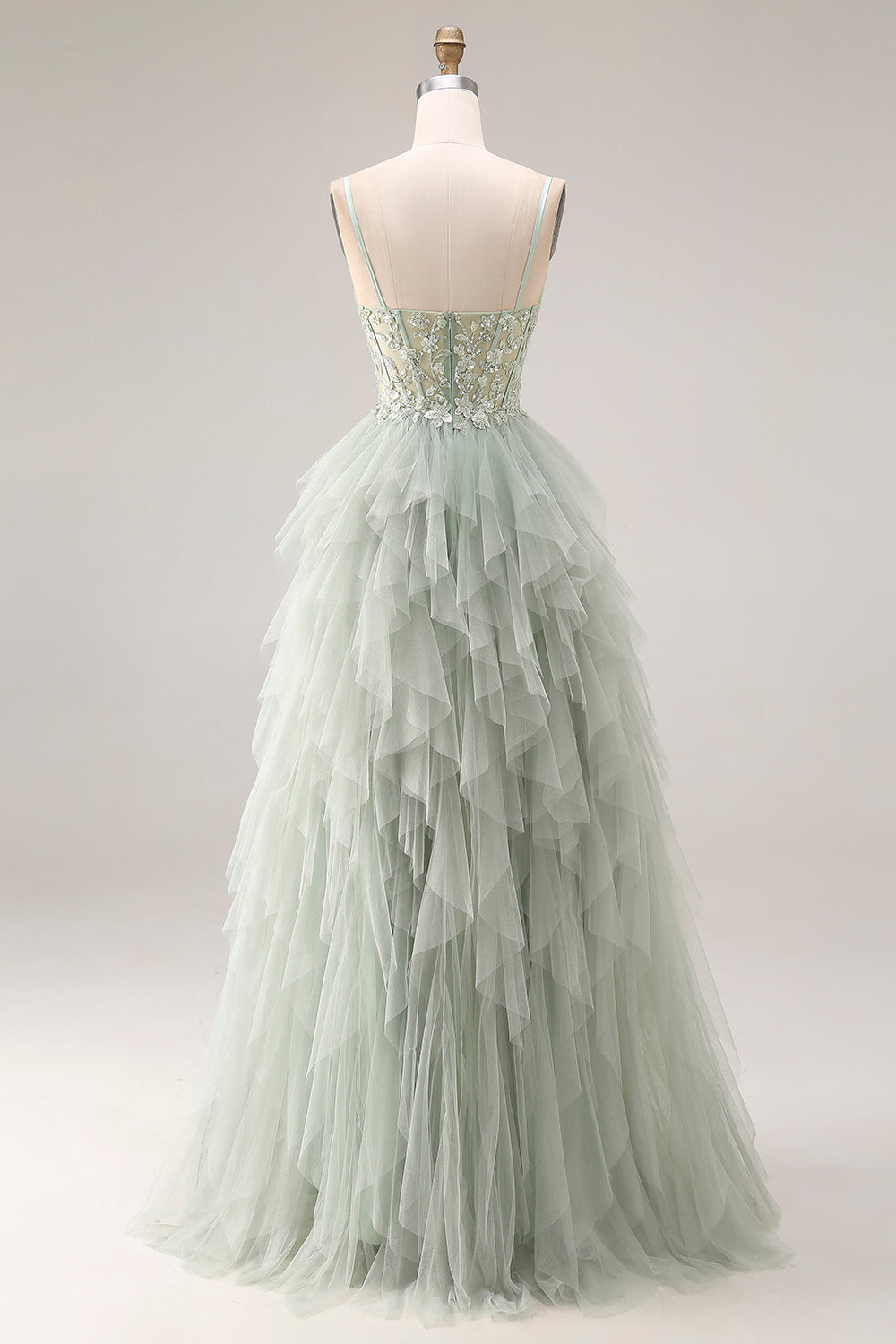 Dusty Green Corset Spaghetti Straps Tulle A Line Long Prom Dress with Appliques