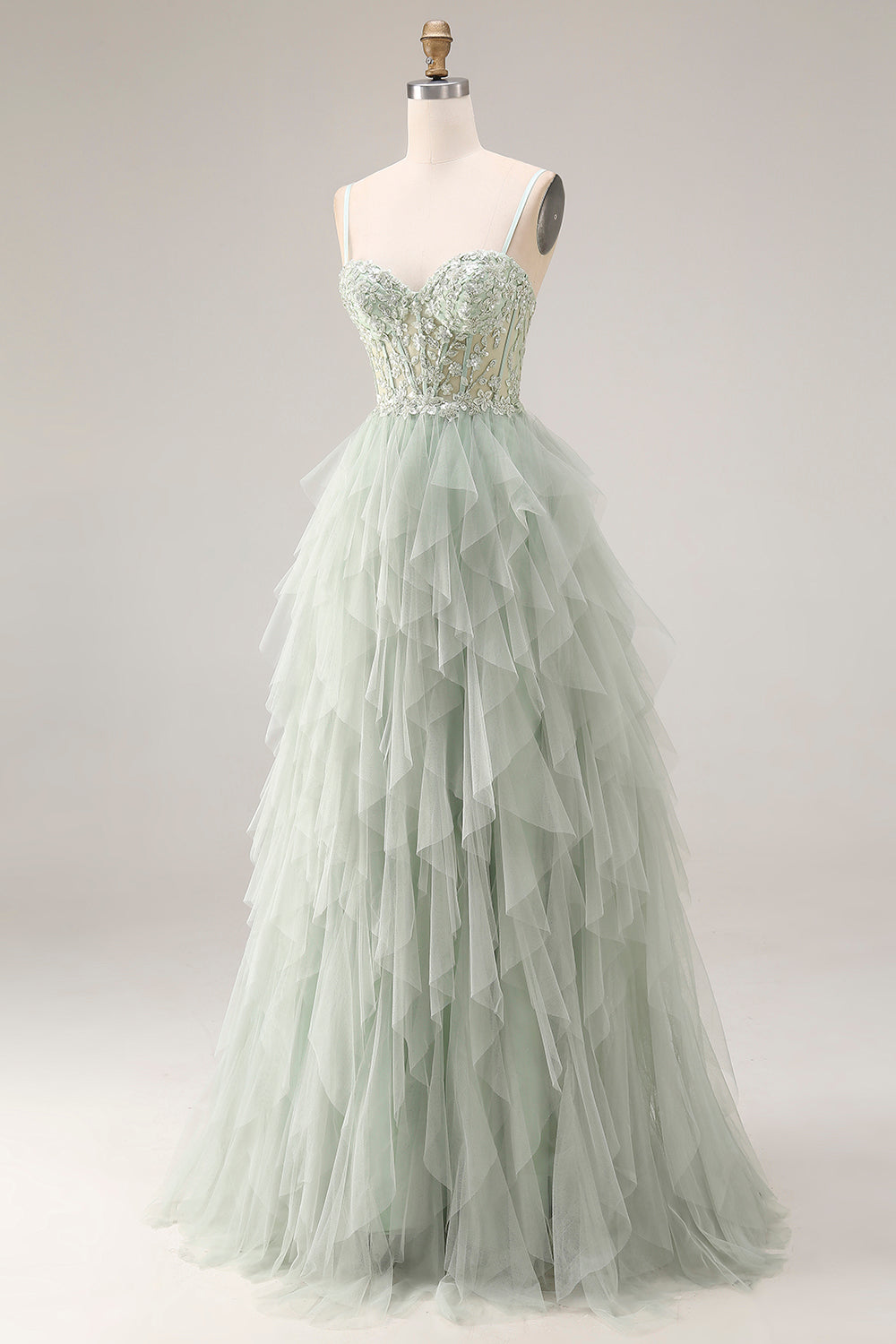 Dusty Green Corset Spaghetti Straps Tulle A Line Long Prom Dress with Appliques